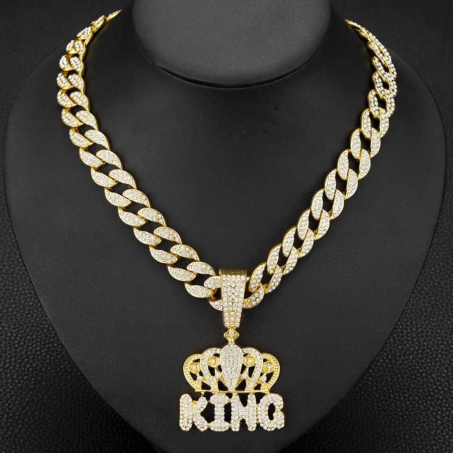 Hip hop 15mm cuban chain with alloy and full rhinestone KING crown pendant necklace