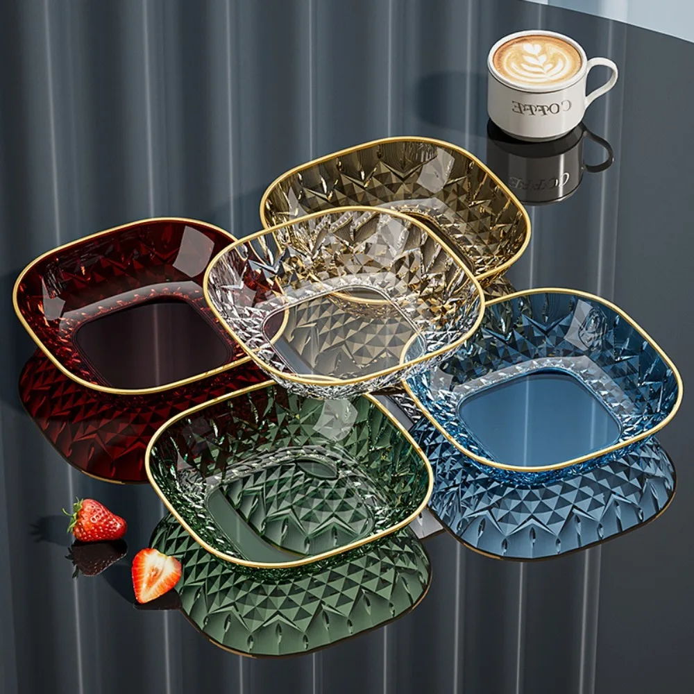 5PCS Kitchen Tableware Square Snack Plate Golden Trim Plastic Bone Spitting Dish Transparent Appetizer Plate Fruit