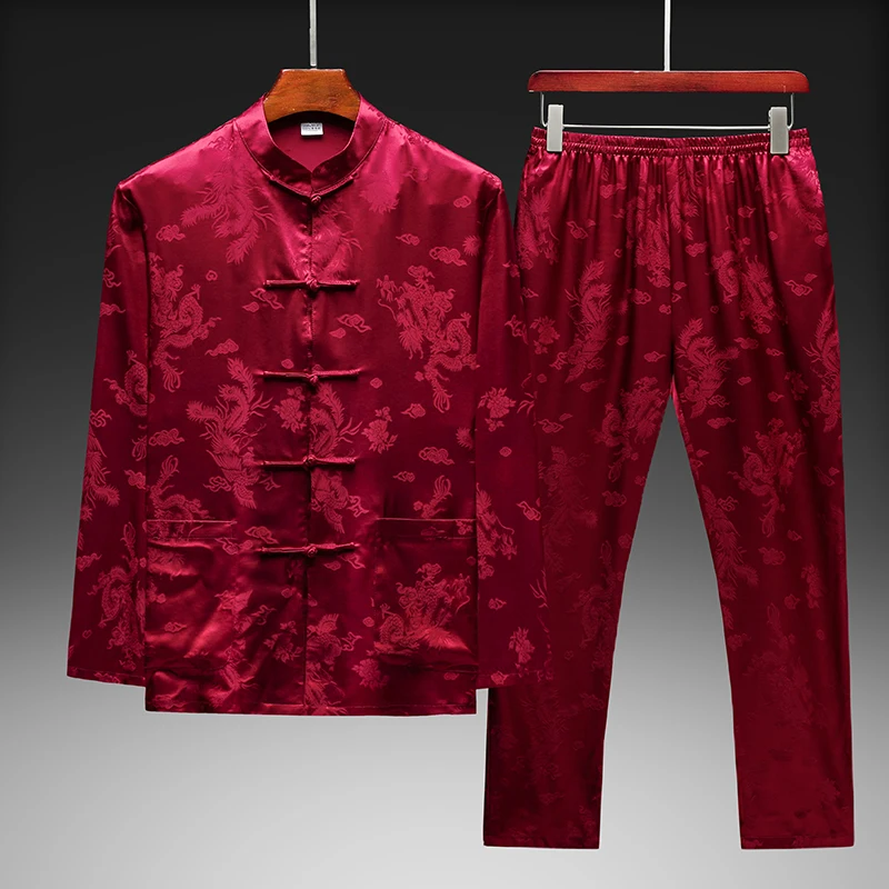 Frog Button Tang Costume 2 Piece Set Man Shirt&Pant Lightweight Summer Quality Genuine Silk 100% Coolness Conjunto Verano Hombre