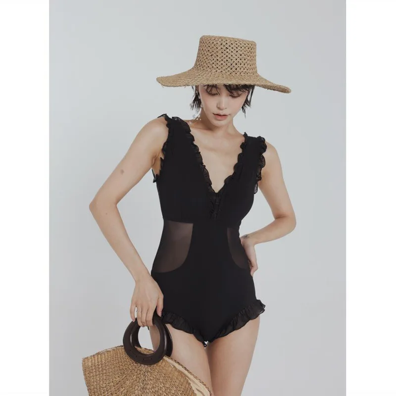 

New Woman's Beach Swimsuits Sexy Pleated Women's Swimwear V-neck Jumpsuit Bikini Patchwork Slim Fit Summer Simple Classic Suits