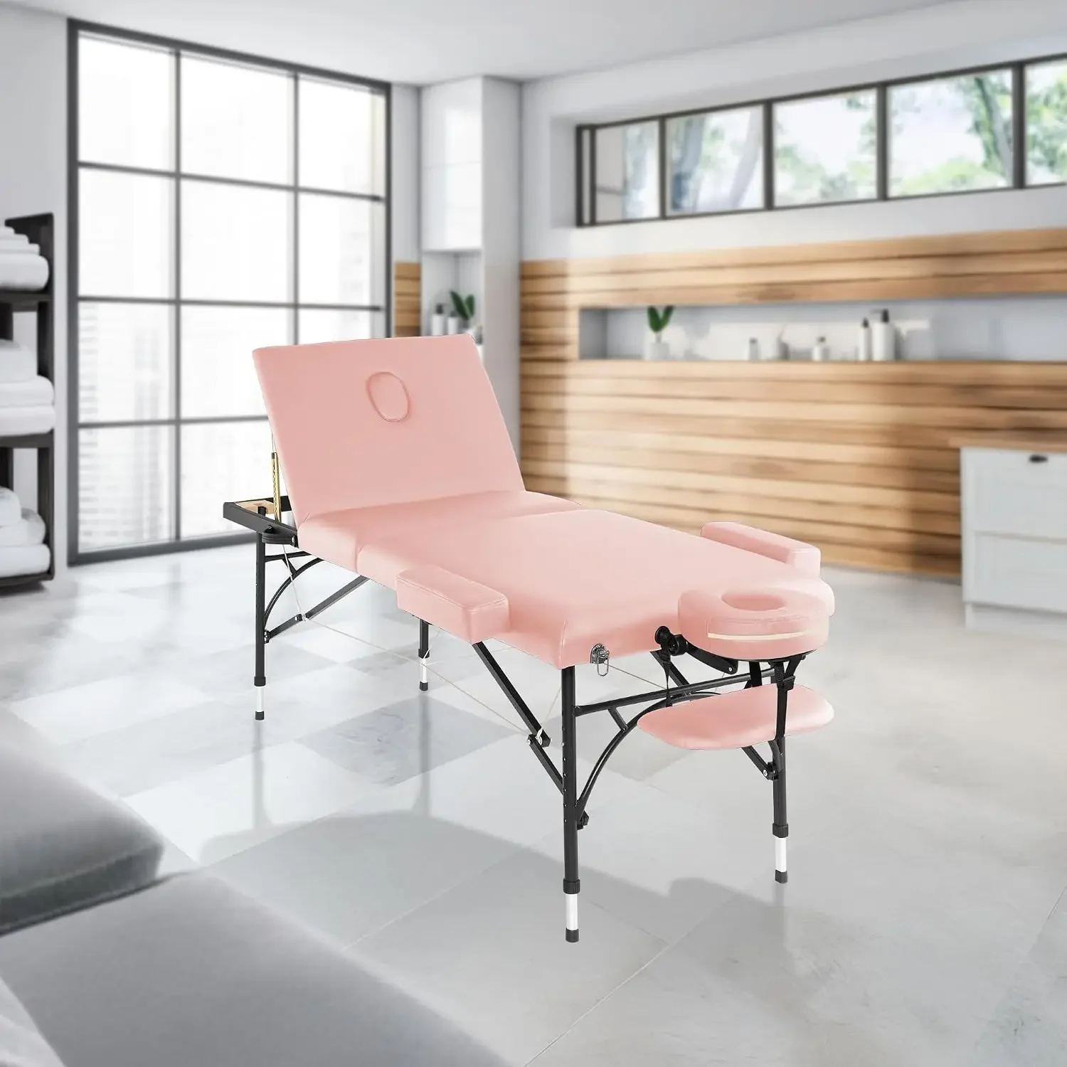 Professional Portable Lightweight Tri-Fold Massage Table with Aluminum Legs - Includes Headrest, Face Cradle, Armrests