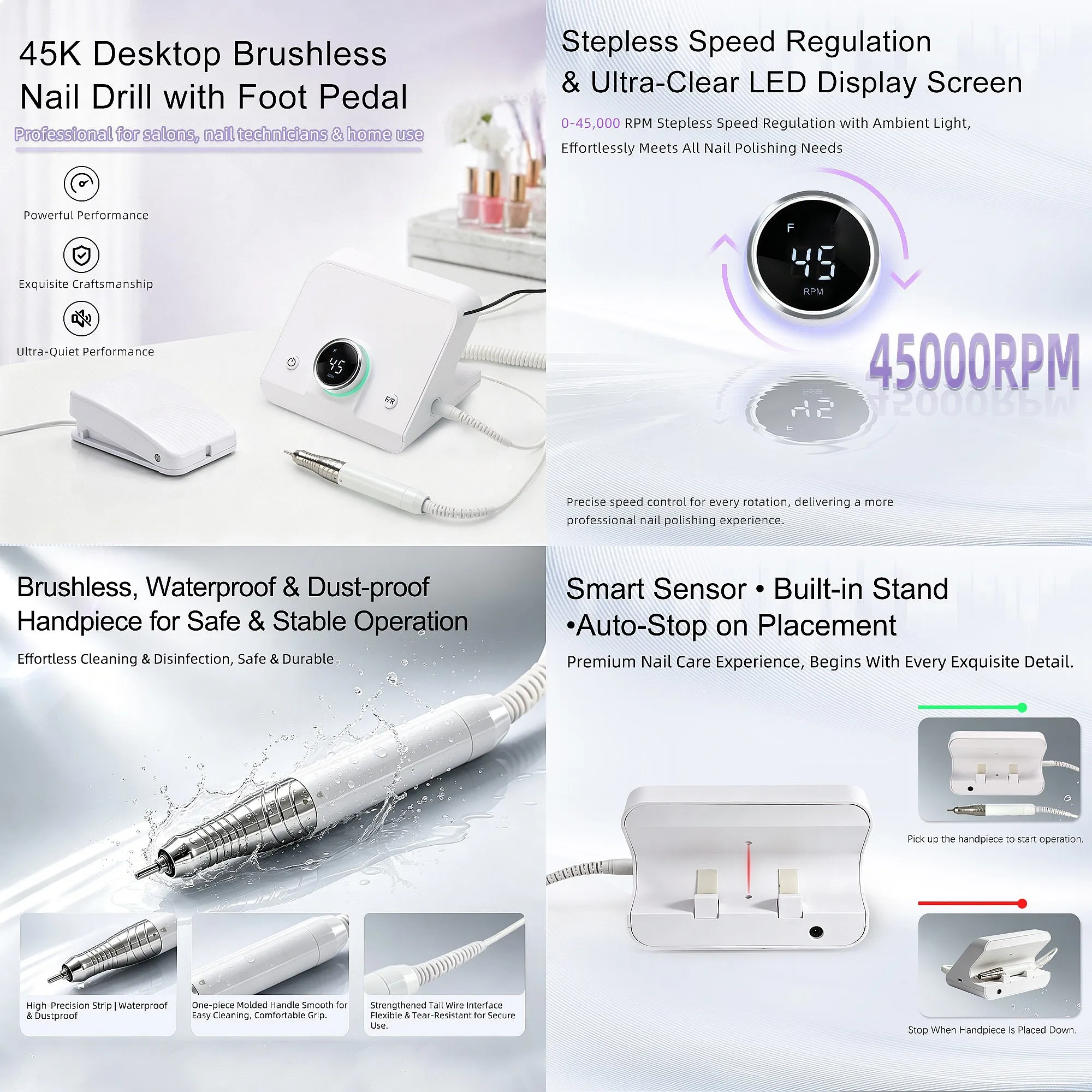 2026 Brushless Nail Drill Machine 45000RPM High Torque Desktop E-File With Foot Pedal for Salon Manicure