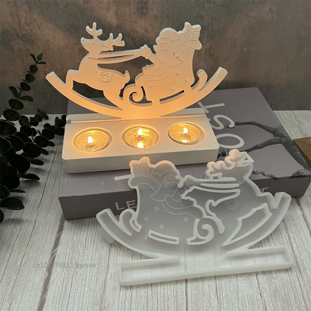 Santa Claus Pull Christmas Sled Plugin Decoration Candle Holder Silicone Mould DIY Pouring Cement Concrete Gypsum Silicone Mold