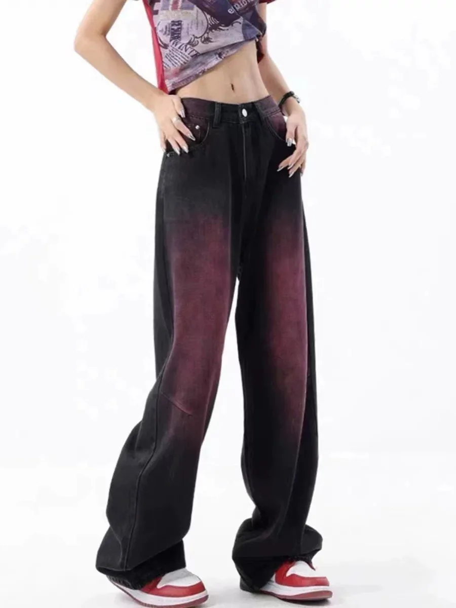 

Свободные широкие джинсовые джинсы, женские большие размеры, выцветшие фиолетовые весенне-осенние новые повседневные длинные брюки с высокой талией