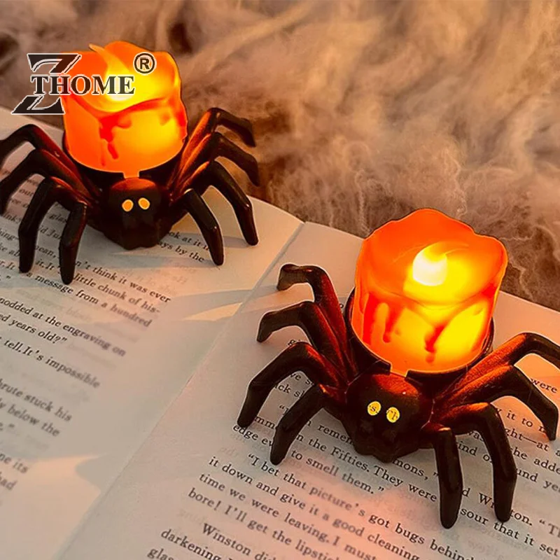 1PC Haunted House Horror Props Ornament Halloween LED Candle Light Glow Spider Lamp For Halloween Party Home Bar Decoration