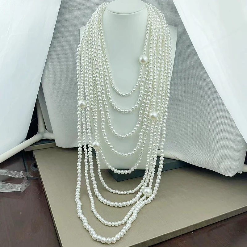 Steampunk Multilayer Beautiful White Big Pearl Bead Necklace Women Tassel Collar Hombre Bridal Choker Necklaces Jewelry