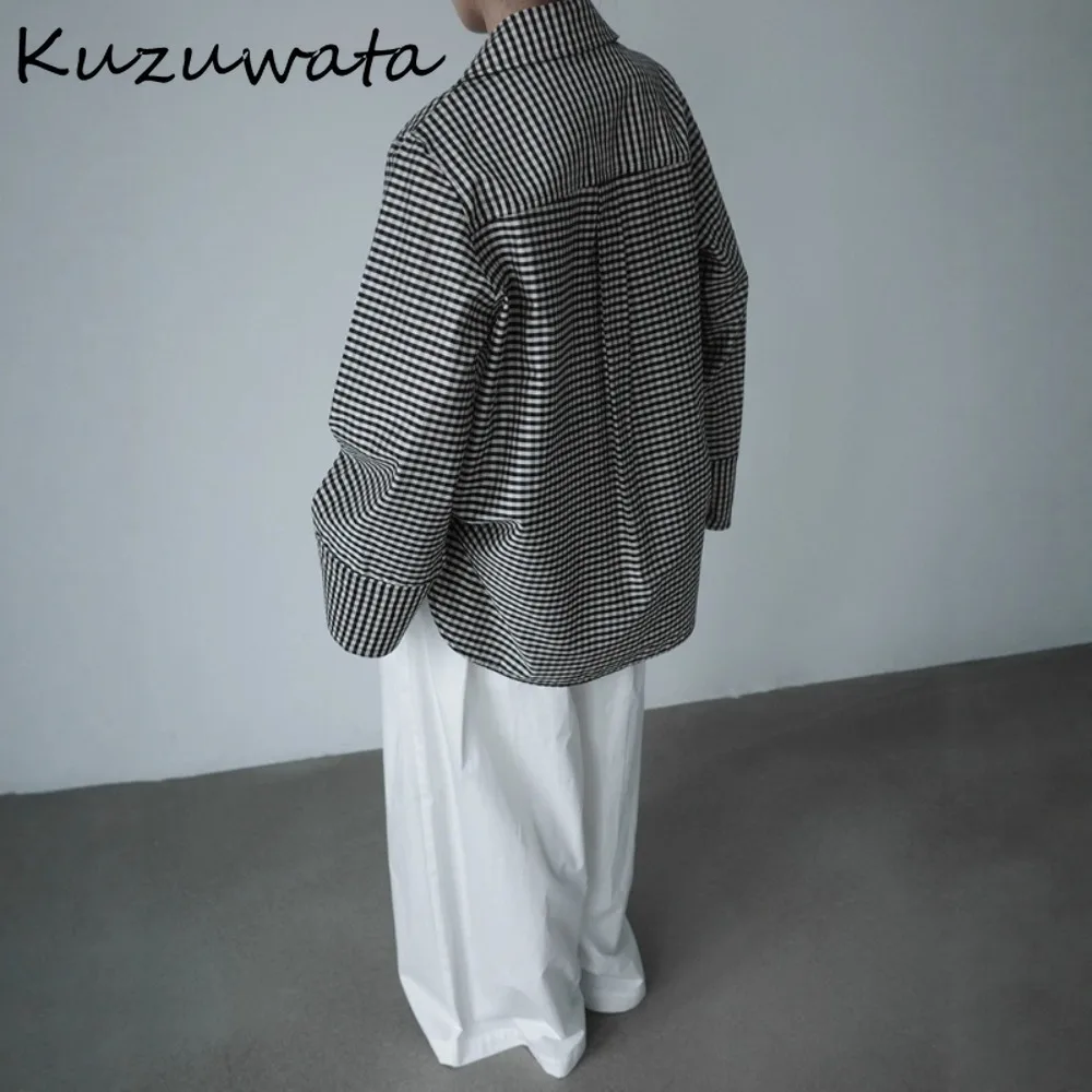 

Kuzuwata Hong Kong Style Moda Vintage Harajuku Tops Profile Plaid Elegant Loose Shirt Japan Slim Hot Sell Casual Simple Blouses
