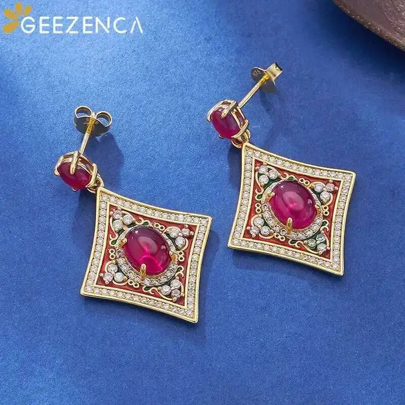 GEEZENCA 925 Sterling Silver Red Corundum Citrine Dangle Earrings Women Luxury Vintage Colorful Enamel Diamond Shaped Earring