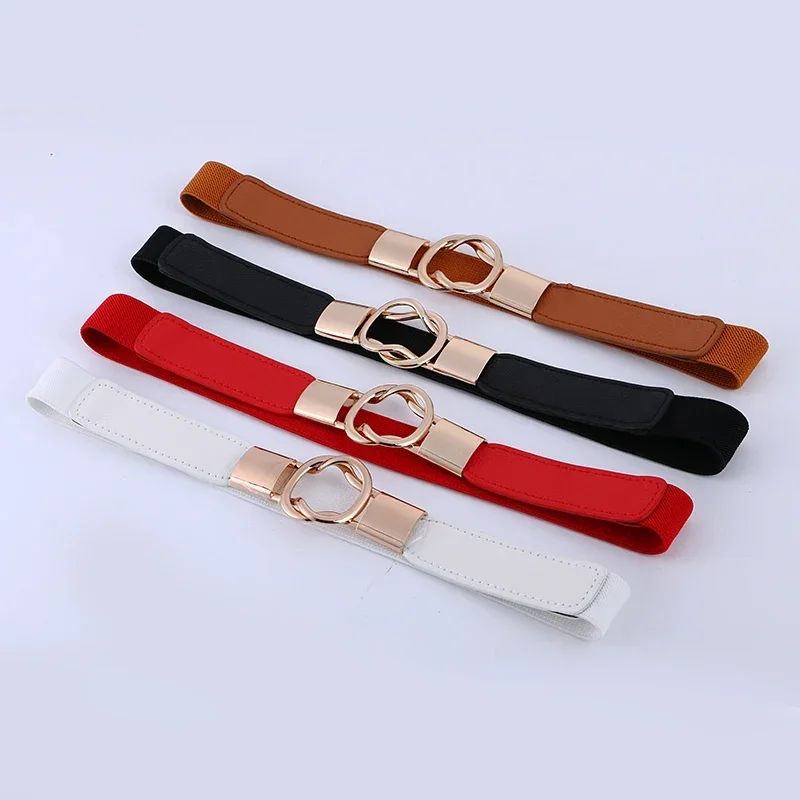 New Fashion Women\'s Belt Elastic Waistband Gold Circle Buckle Small Belts Red Thin Cummerbund Woman Belt Strap Brown