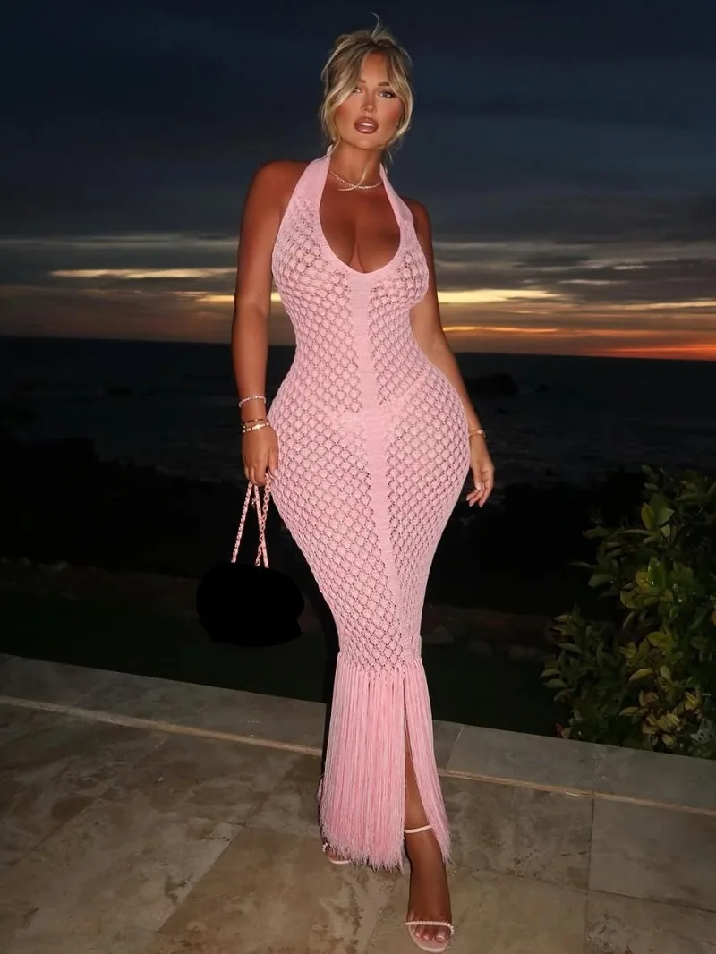 

KEXU Sleeveless Halter Neck Backless Knit Ribbed Tassel Long Maxi Dress Women Birthday Night Club Party Vestidos Sexy Dresses