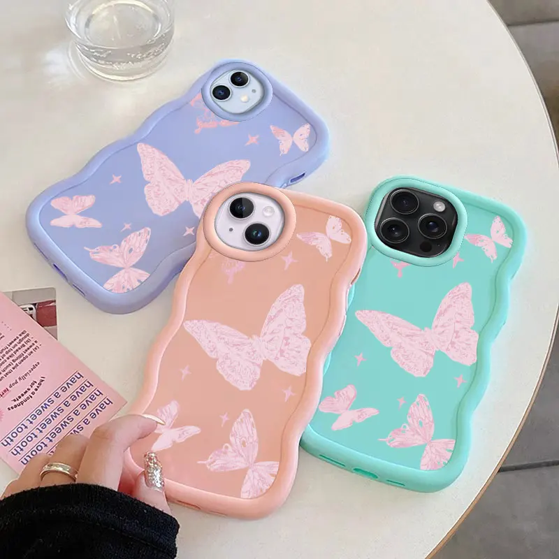 Pink Butterfly Macalong Phone Case for iPhone XR 11 12 13 14 15 16 PRO MAX PLUS Soft Coque Wavy edged Shockproof Cover