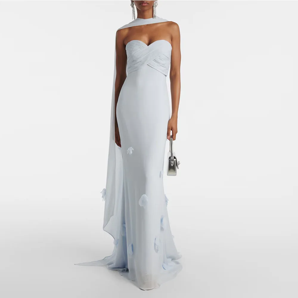

Strapless Sky Blue Evening Gown For Wedding Mermaid Formal Party Dress Floor Length Sleeveless Prom Dress FlowerSaudi Dress