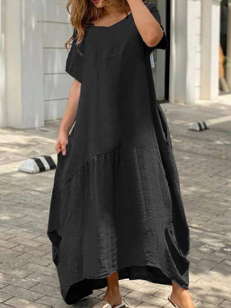 Hot Women Summer Fashion Cotton Linen Pocket Dress Casual Short Sleeve O Neck Loose Long Dress Simple Solid Lady A-Line Dresses