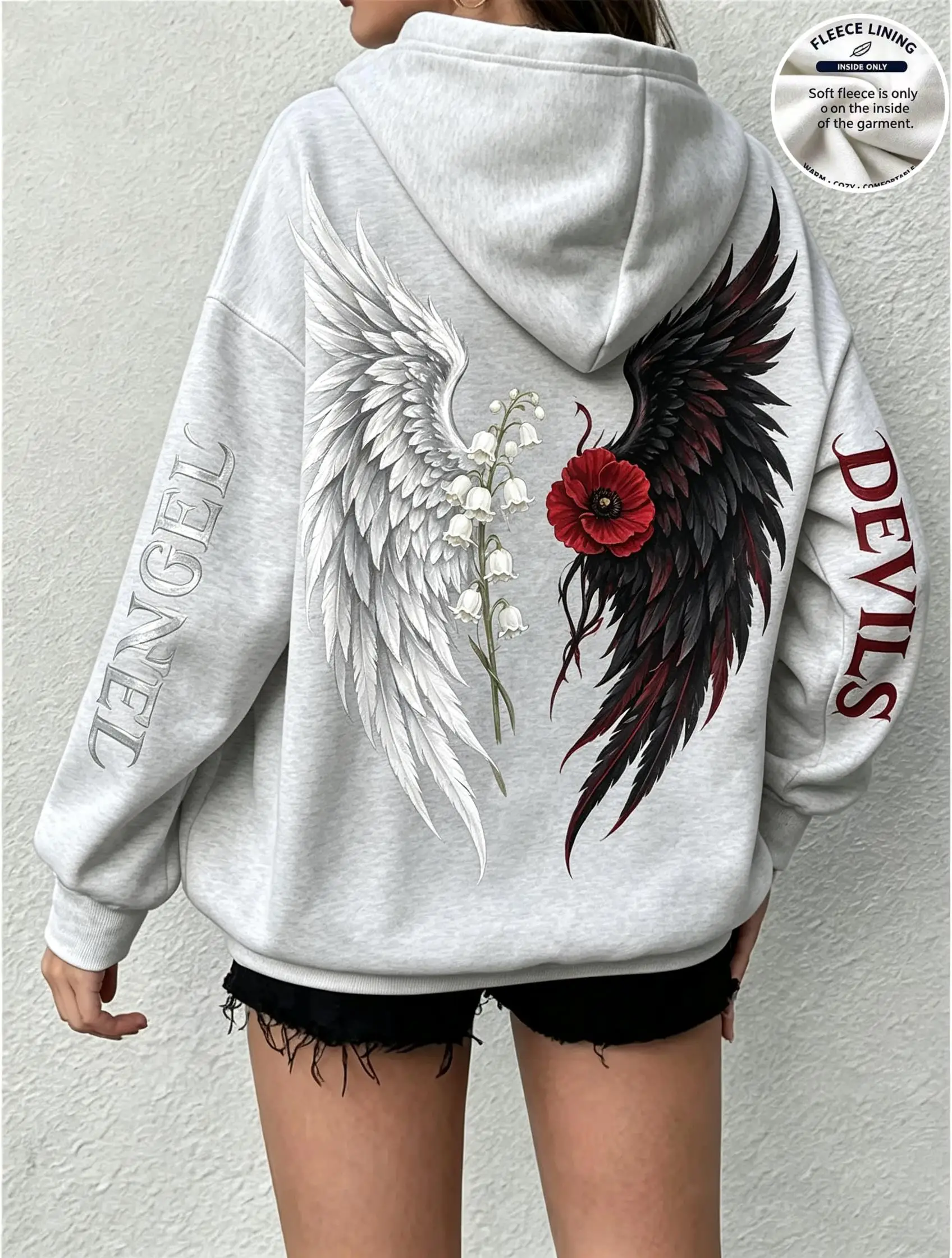 Women Fleece Hoodie Angel Devil Wings Poppy Lily of Valley Back Print Sweatshirt
