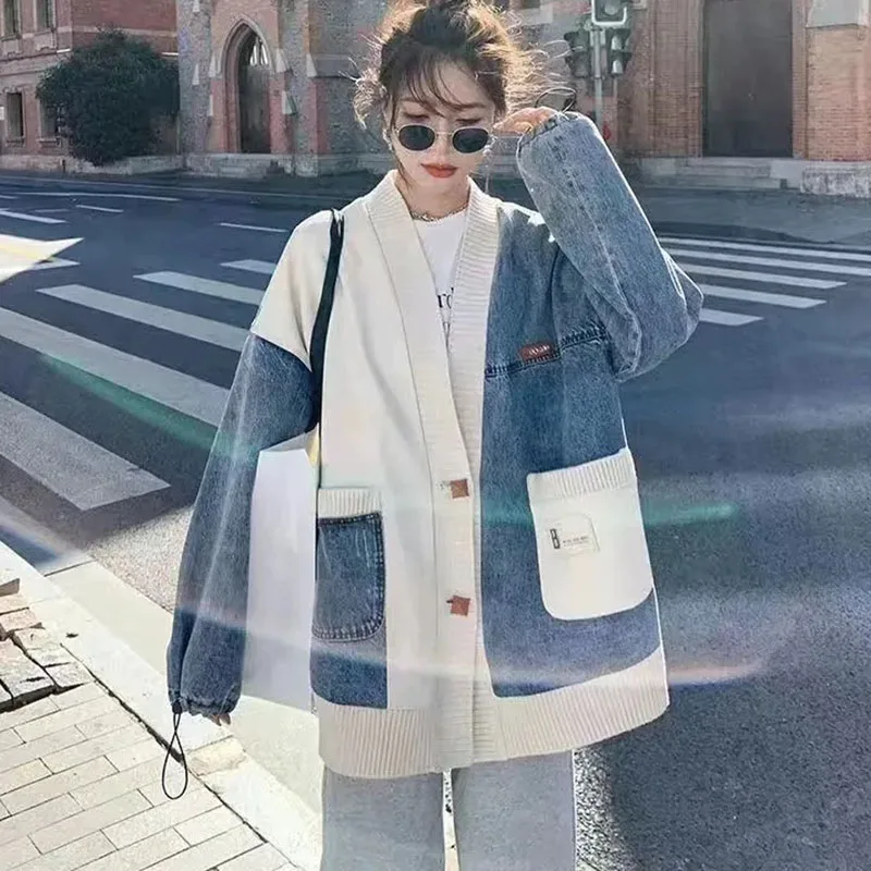 New Oversized Women\'s Denim Coat Autumn Design Sense Loose Baseball Jacket Top Fashion Female Sweater Patchwork Outerwear 4XL