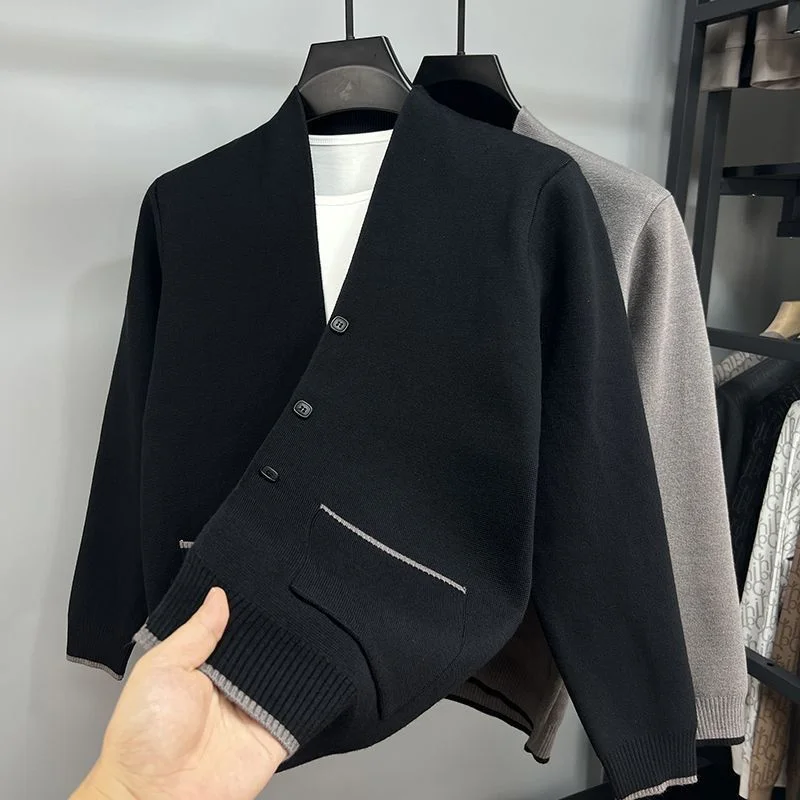 Shawl Cardigan Men's Knitted Sweater Jacket Autumn Men's Clothing Solid Color Trendy Slim Black Casual Thin Simple