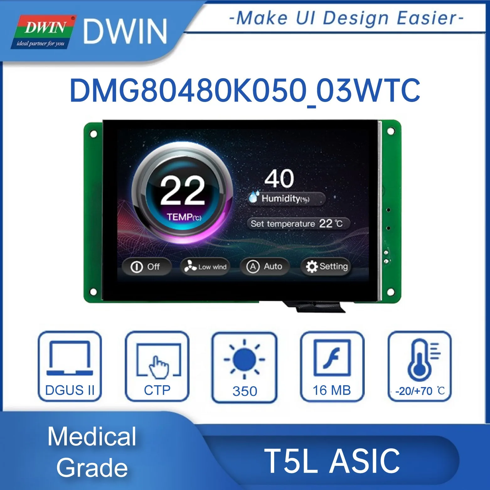 DWIN 5 inch 800*480 Pixels Medical Grade Conformal Coating IPS LCD RS232/RS485 UART LCD Module Smart Touch HMI DMG80480K050_03W