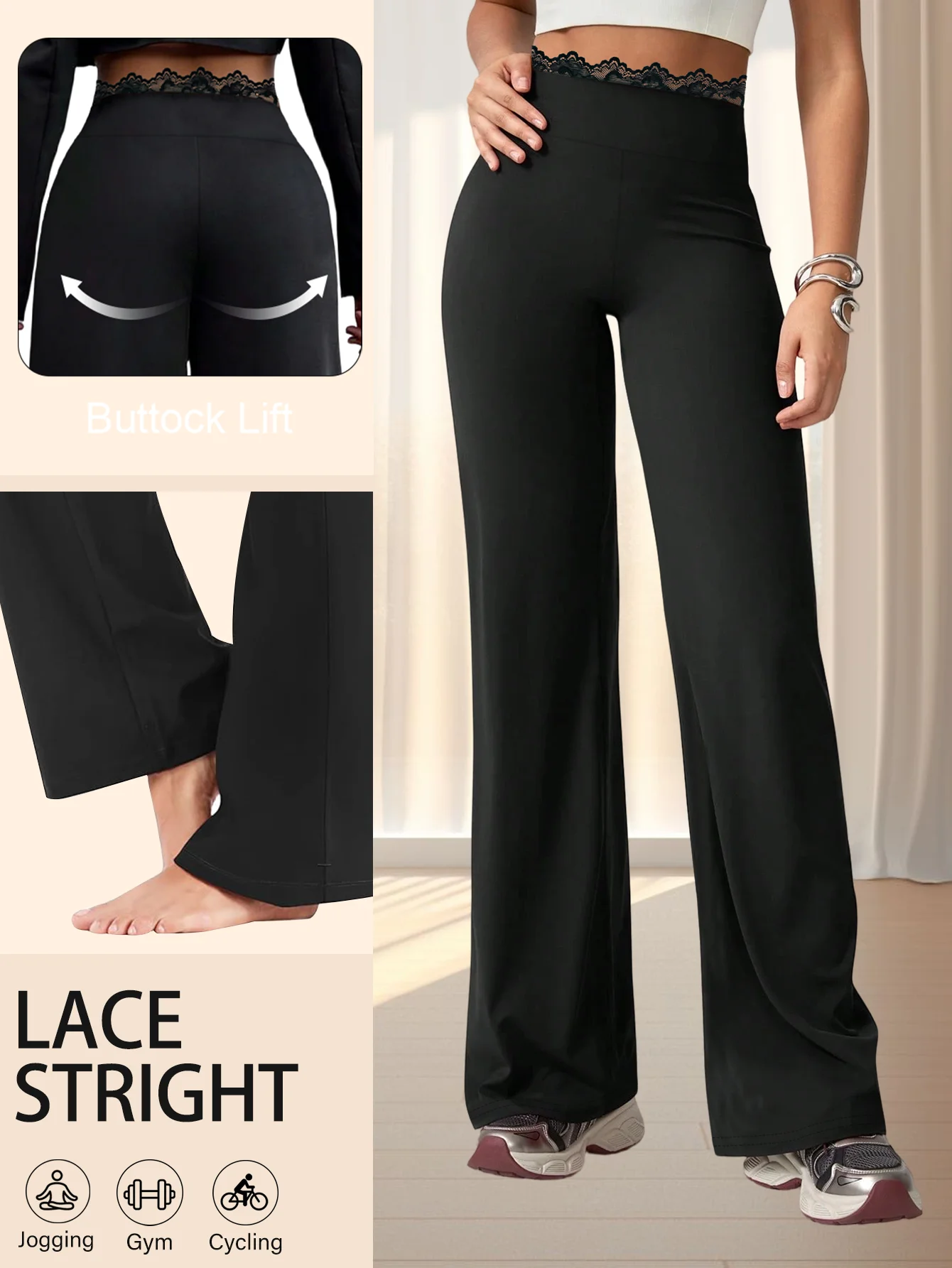 Women Solid Wide Leg Yoga Pants, High Waist Tummy Control 4 Way Stretch Trousers With 3 Kinds of Lace Waistband Design for Daily