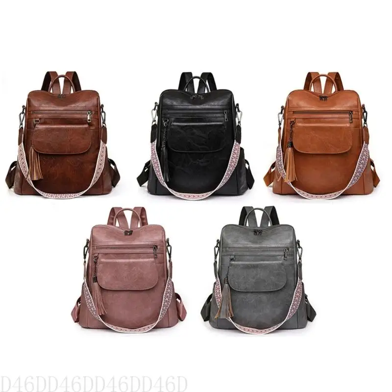

D46D Functional Women Shoulder Bag PU Leather Backpack Vintage Daypacks Large Capacity Casual Rucksacks for Work Travel