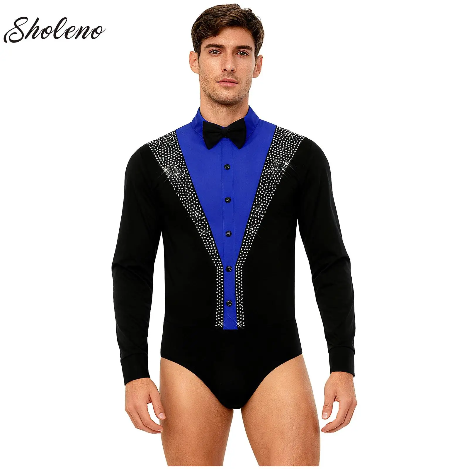 

Mens Latin Bodysuit Jazz Tango Dance Leotard Long Sleeve Rhinestone Bowtie Shirt for Ballroom Chacha Figure Skating Gymnastics