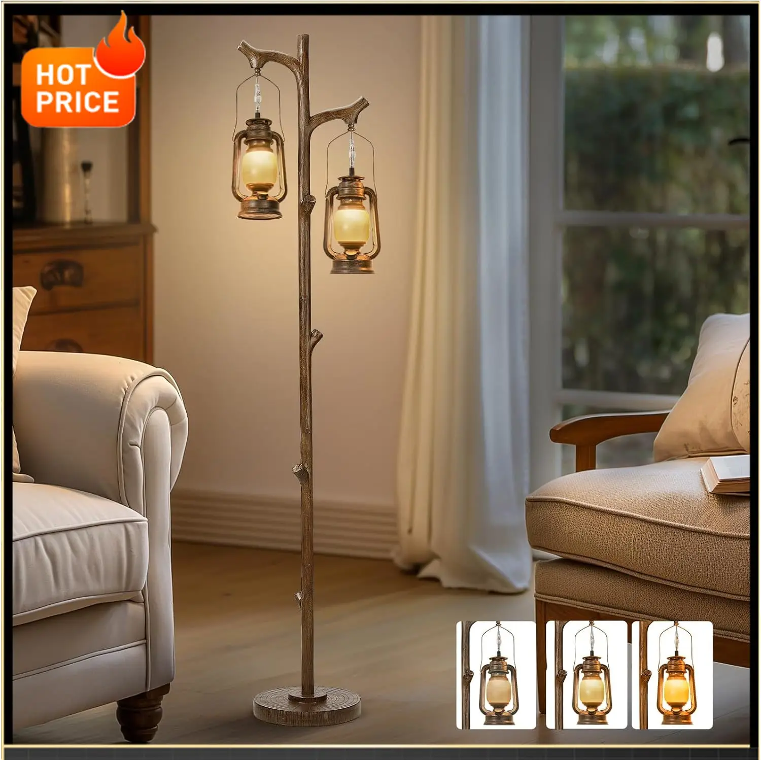 

Bestseller68" Rustic Farmhouse Tree Trunk Floor Lamp Country Brown Finish Wood Vintage Standing Tall Lamp With lantern Stepless