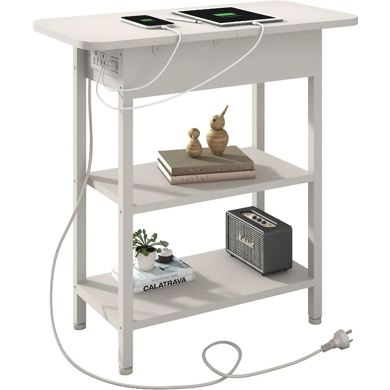 

End Table with Charging Station, Flip Top Side Table with USB Ports and Outlets, Nightstand for Small Spaces, Bedside Tables