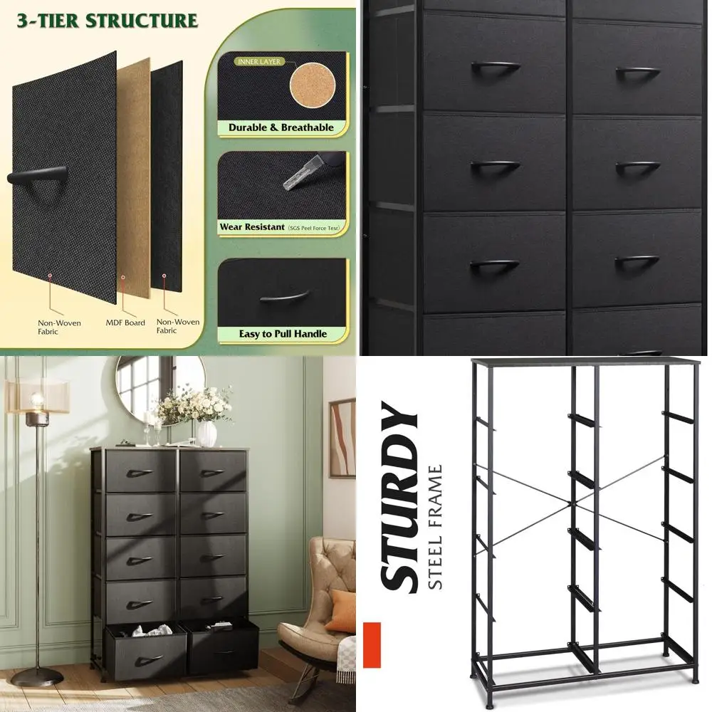 

10-Drawer Black Tall Dresser for Bedroom, Storage Organizer with Fabric Bins for Various Spaces