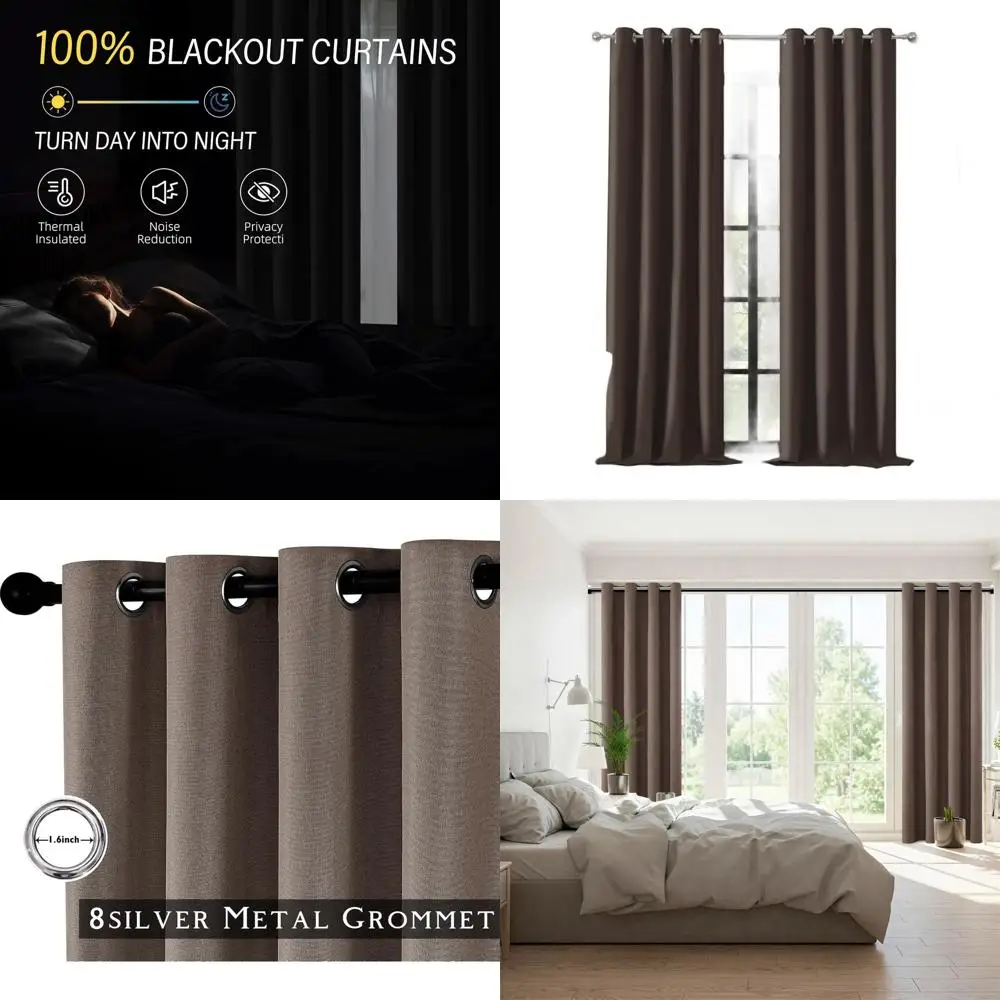 

Blackout Brown Solid 120 Curtains, 2-Panel Set for Bedrooms, Living Rooms, Farmhouse Style, Thermal Insulated, Soundproof, Gromm