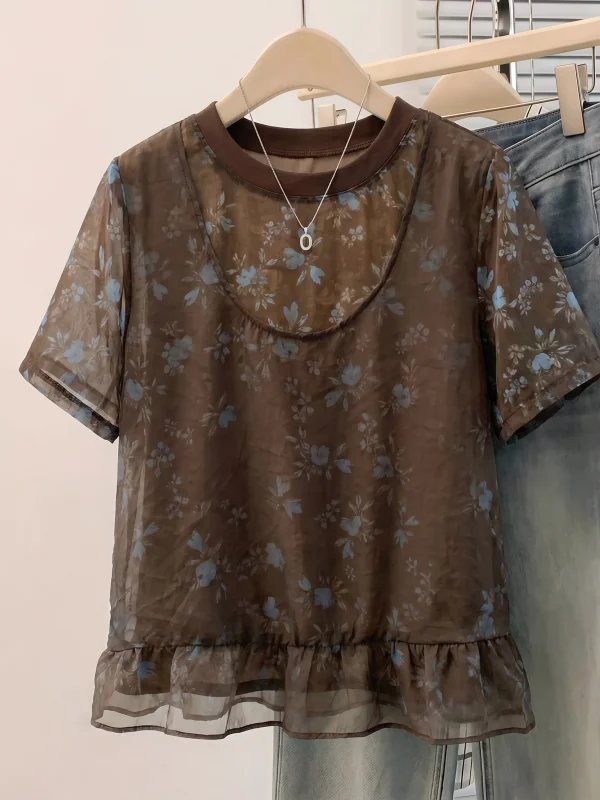 

Floral Print Chiffon Short Sleeve T-Shirt Women's plus Size Summer New Style Korean Style Loose Fit round Neck Top