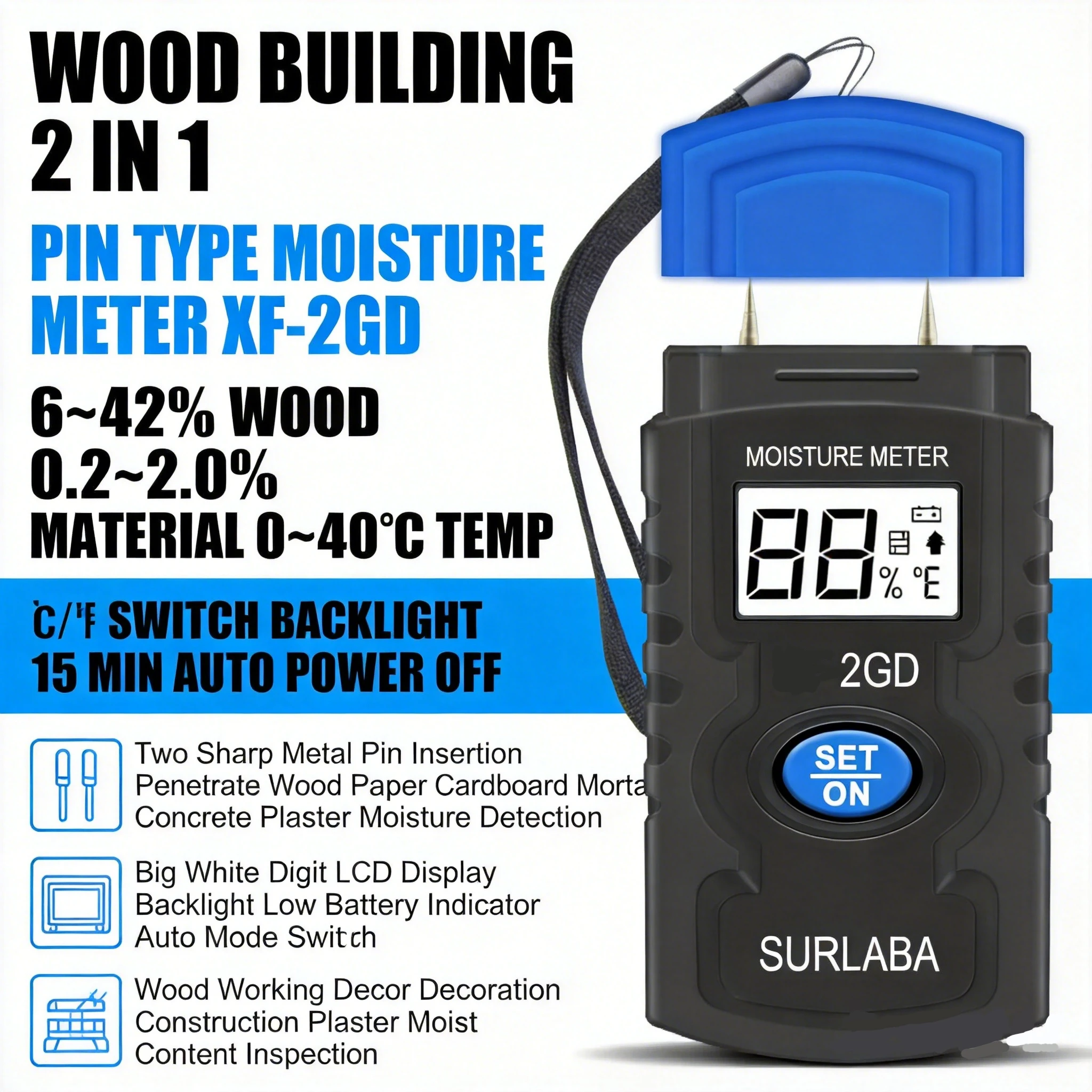 Digital Wood Moisture Meter Portable 2-Pin Tester for Building Material Concrete Mortar Plaster with LCD Backlight & Temperature