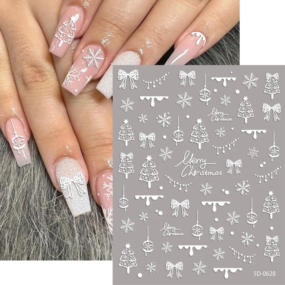 1pcs 5D New White Snowflake Christmas Tree Nail Stickers Crystal Ball Snowflake Bow New Year Nail Decal Winter Manicure Supplies