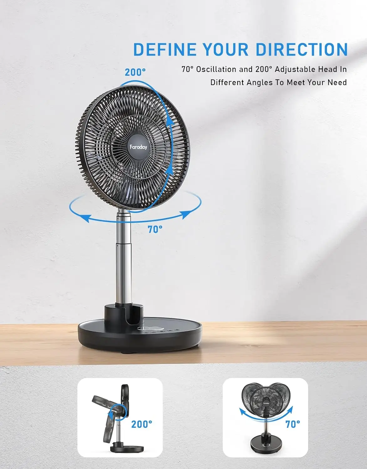 Oscillating Standing Fan 12” Foldable Portable Quiet Floor Fan 12000mAh Rechargeable Pedestal Fan with Remote, Timer Set