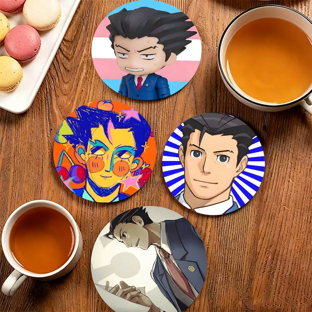 A-Ace Attorney P-Phoenix Wright Wooden Cup Mat Cappuccino Vodka Juice Water Coaster for Flower Shop