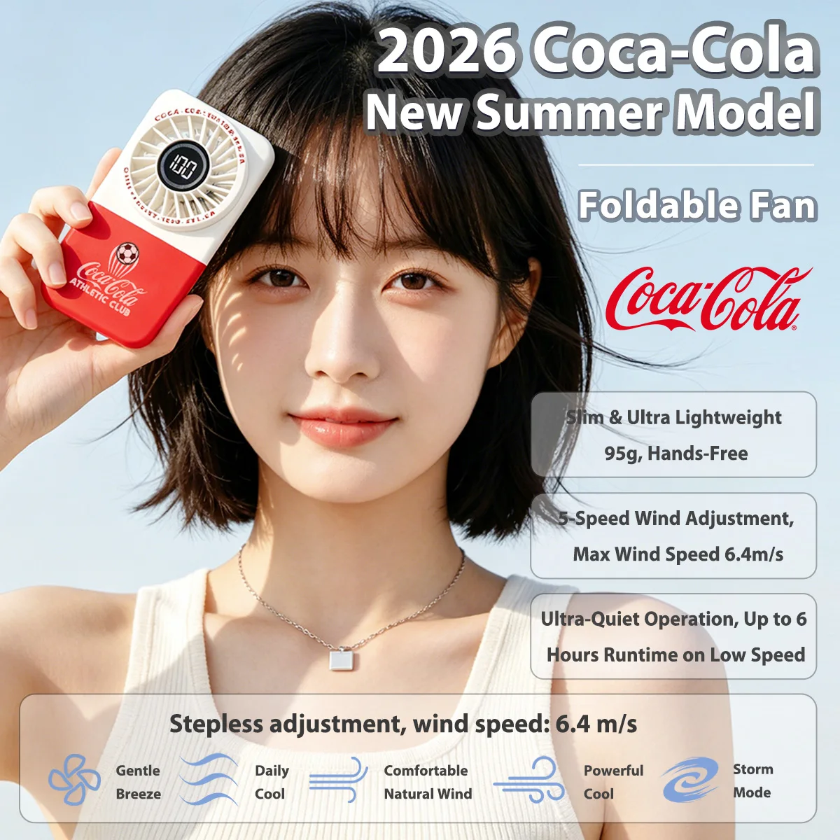 Coca Cola Foldable Handheld Fan,5-Speed Rechargeable Mini Personal Fan with Digital Display & Lanyard for Summer Travel  outdoor