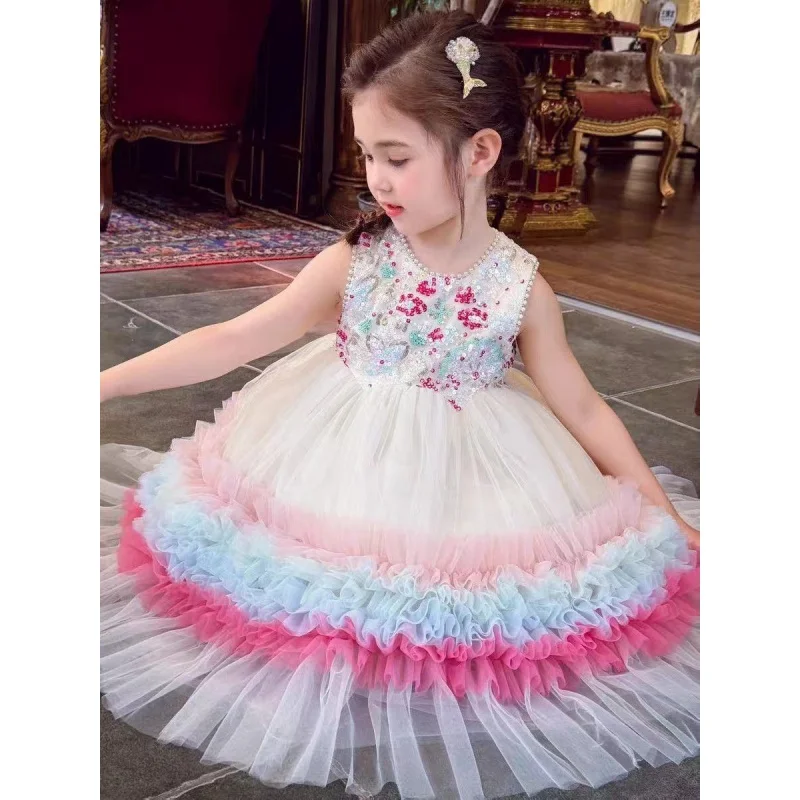 

Girls' Dress 2026 Summer New Girl Princess Dress Sparkling Rainbow Cake Dress Birthday Party Dress 90-150cm