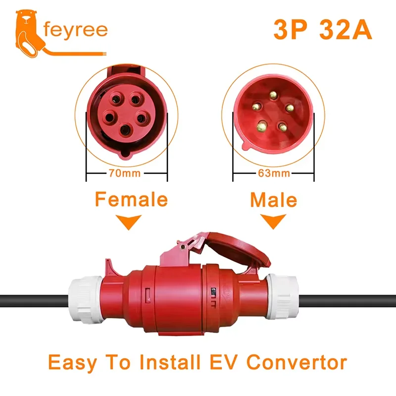 Feyree elektrikli araç şarjı Schuko fişi CEE kırmızı güç dişi fiş 5 pinli soket adaptörü 32A 3 fazlı 22KW taşınabilir şarj cihazı ile bağlayın