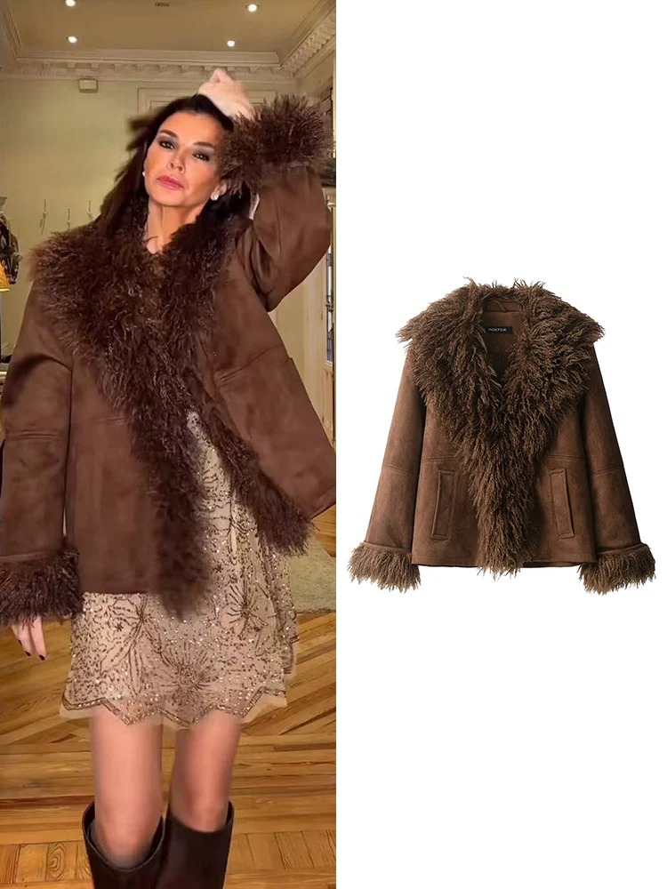 

TFMLN 2025 New Women Retro Faux Fur Suede Coat Clothing Casual Loose Fit Winter High Street Long Sleeved Turn Down Collar Jacket