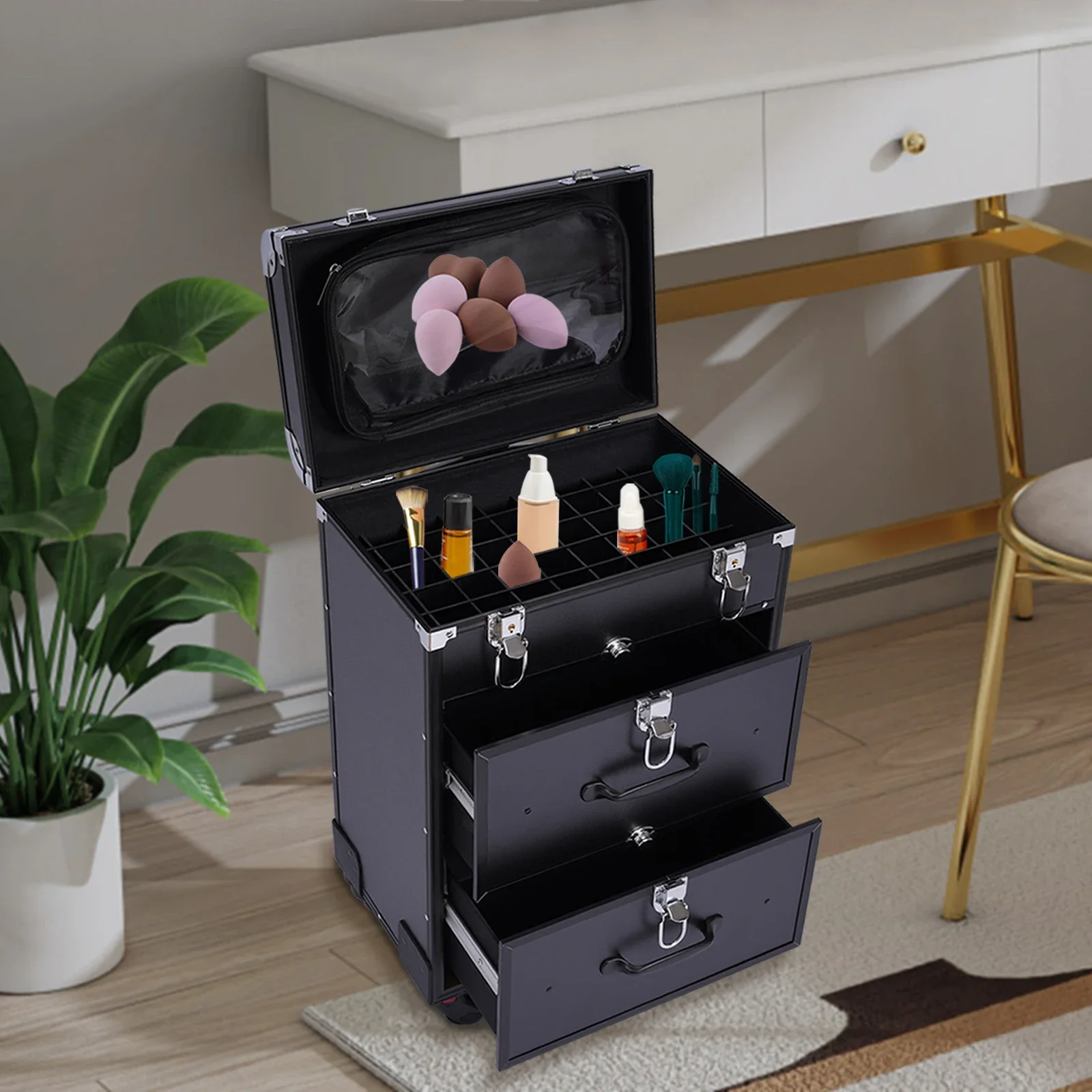 3-Tier Professional Rolling Makeup Train Case Cosmetic Trolley Makeup Storage Organizer