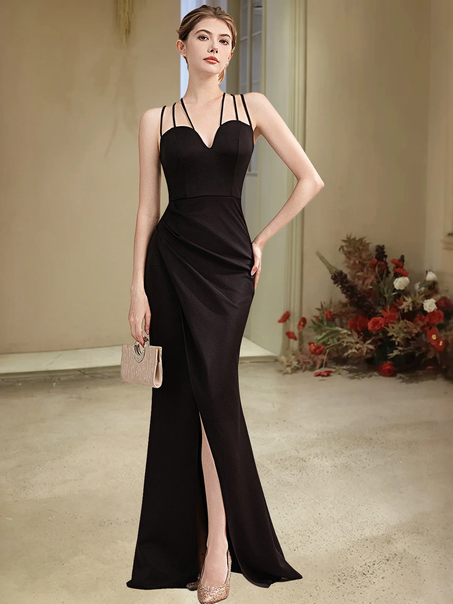 Evening Dress Women's Elegant Party Host Banquet Socialite Long Dress with Suspenders