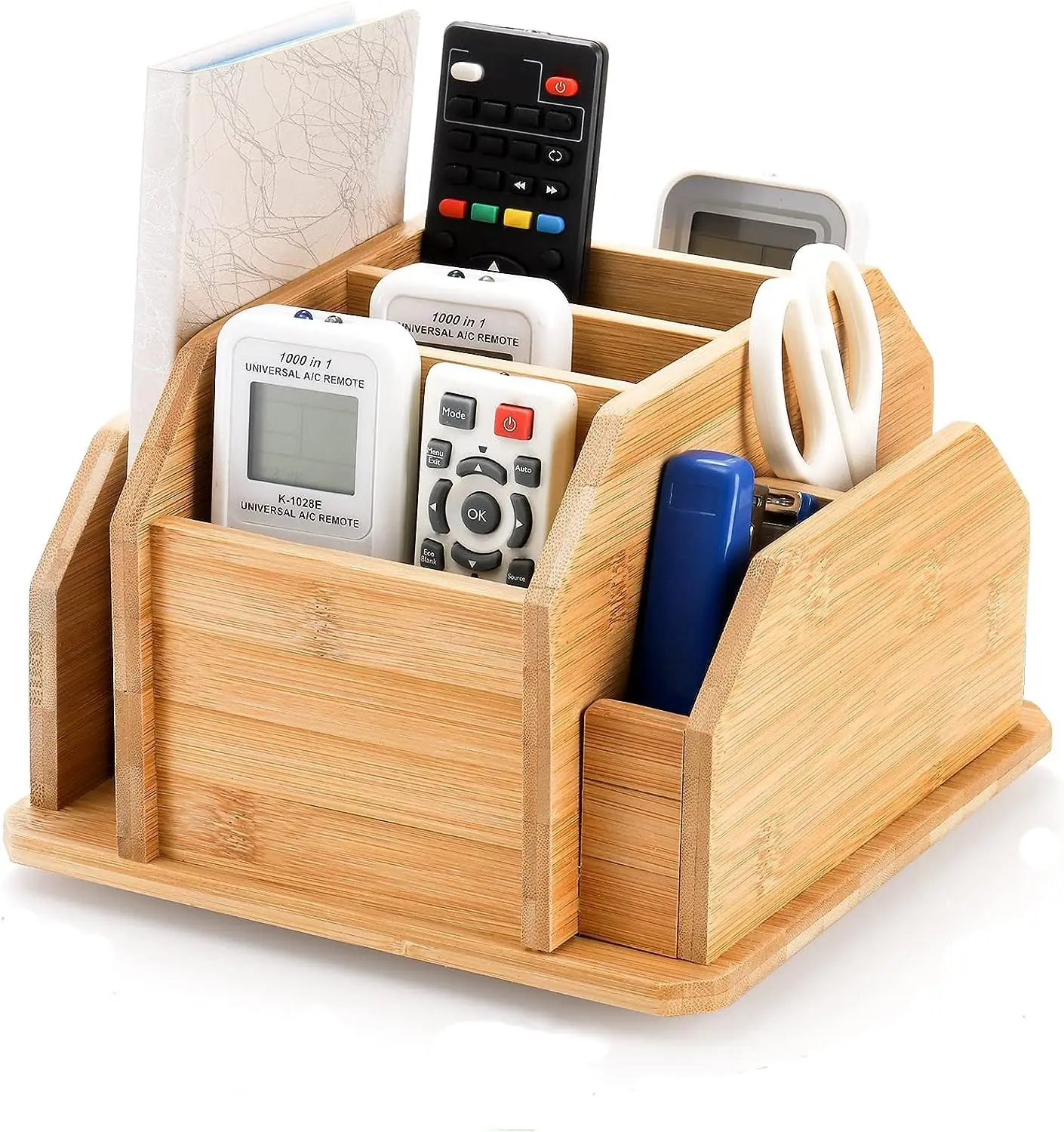 

360° Rotating Bamboo Desktop Organizer with 7 Compartments for Remote, Pens, and Office Supplies