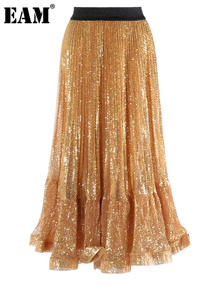 [EAM] High Elastic Waist Orange Sequins Shining A-line Long Half-body Skirt Women Fashion Tide New Spring Autumn 2024 1DH7489