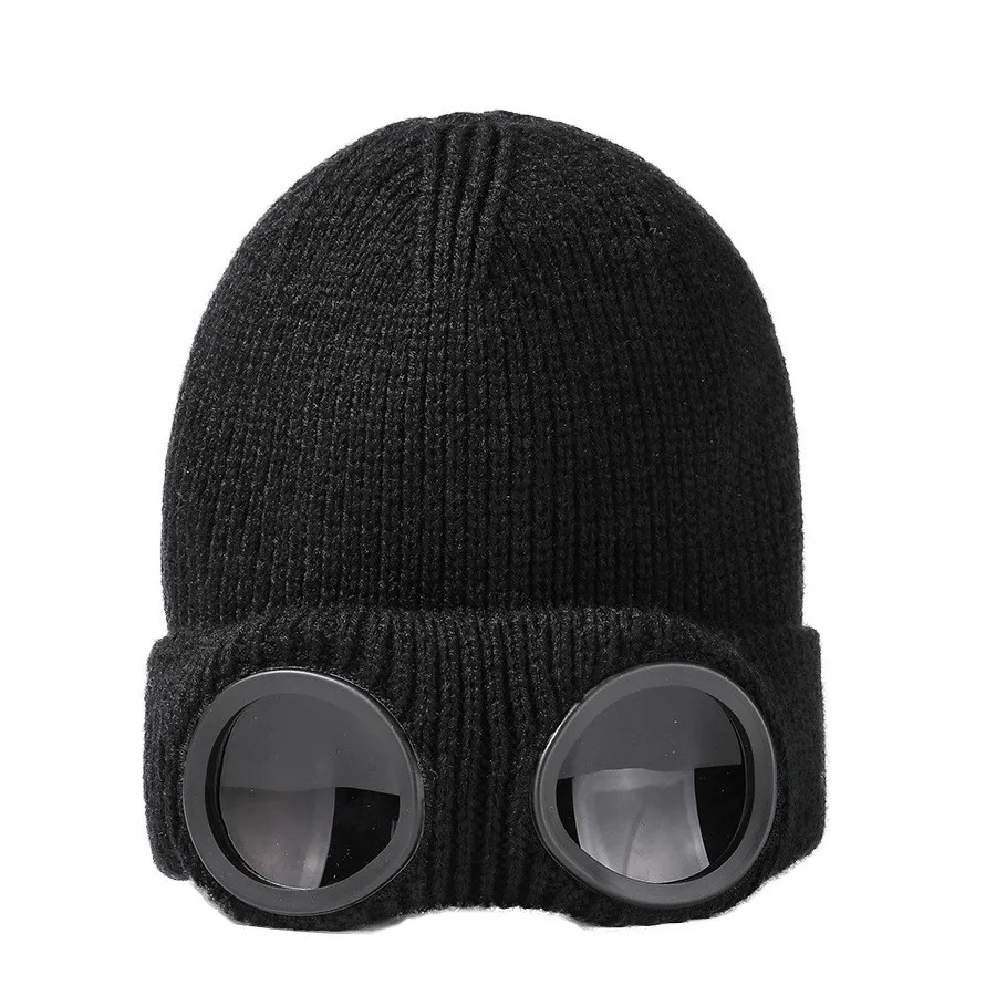 Men\'s and women\'s windproof glasses and cashmere ski knit hat solid color warm woolen hat