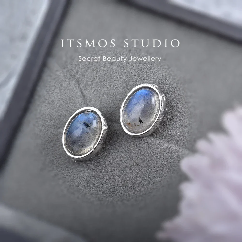 ITSMOS Labradorite 925 Silver Post Oval Gemstone Earrings Natural Moonstone Rose Quartz Amethyst Studs Dainty Earrings for Women