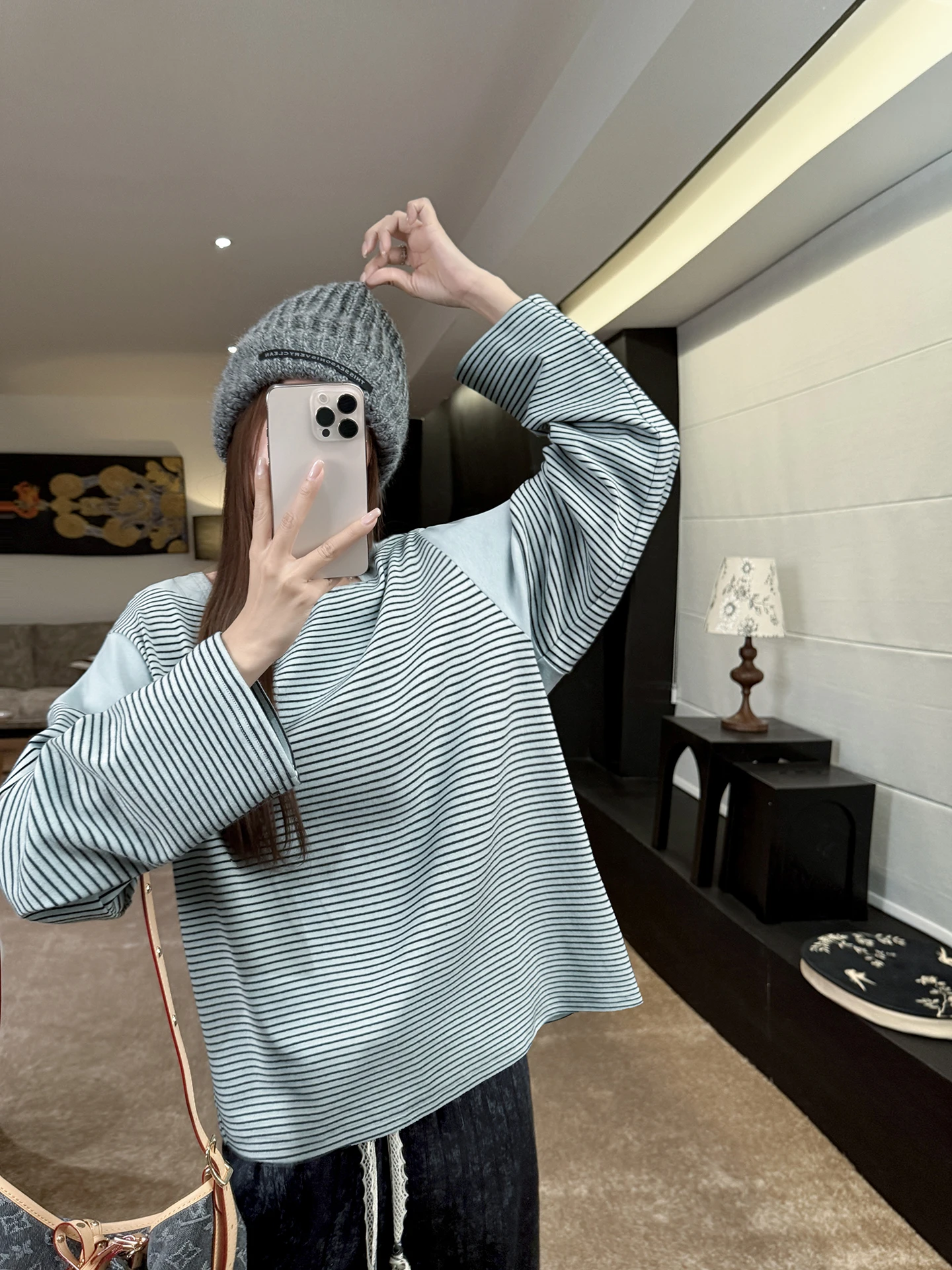 

Женская свободная хлопковая футболка Zhang ei с синим пэчворком, длинным рукавом и полосатым дизайном, повседневная, для города