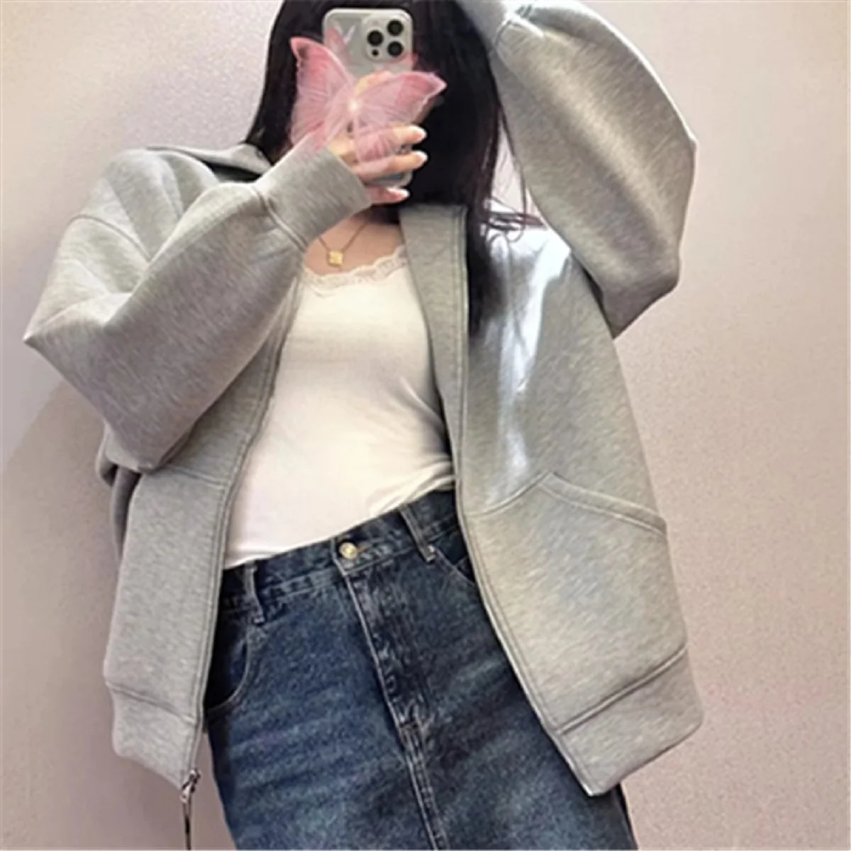 

Весенне-осенняя новая повседневная уличная свободная куртка большого размера с капюшоном и двойной молнией, женский кардиган Lazy Vibe