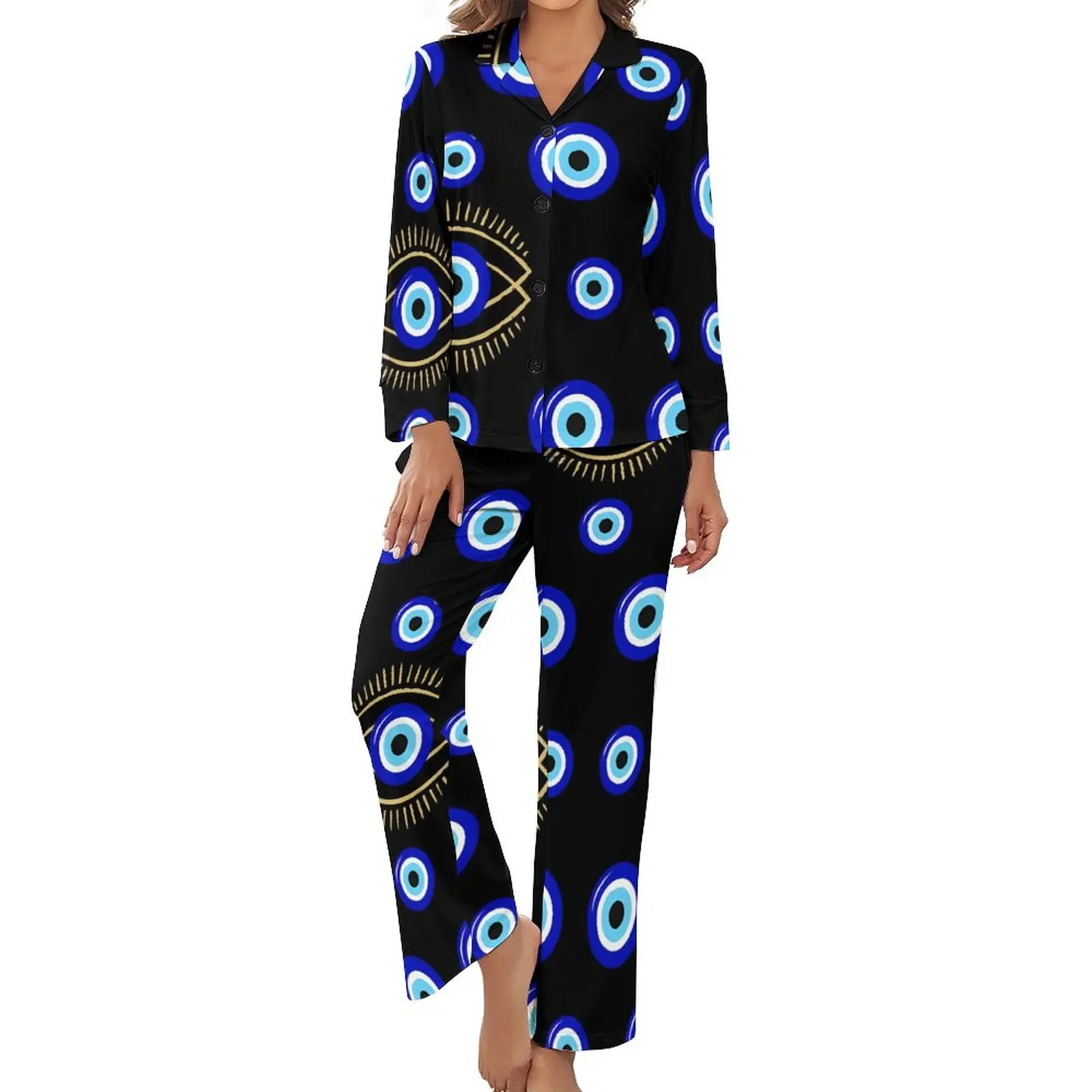 Evil Eye Pajamas Woman Vintage Print Warm Sleepwear Spring Long Sleeve Two Piece Bedroom V Neck Pattern Pajama Sets