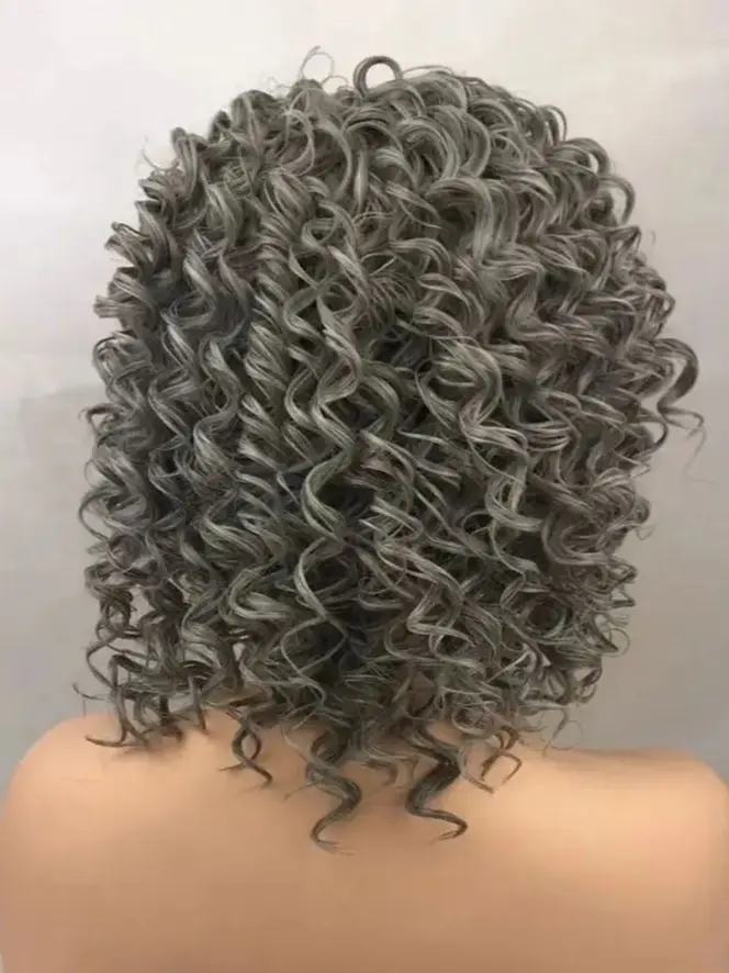 Short gray Curly  Transparent Lace  Women  Bouncy Curly Heat Resistant Fiber Wig