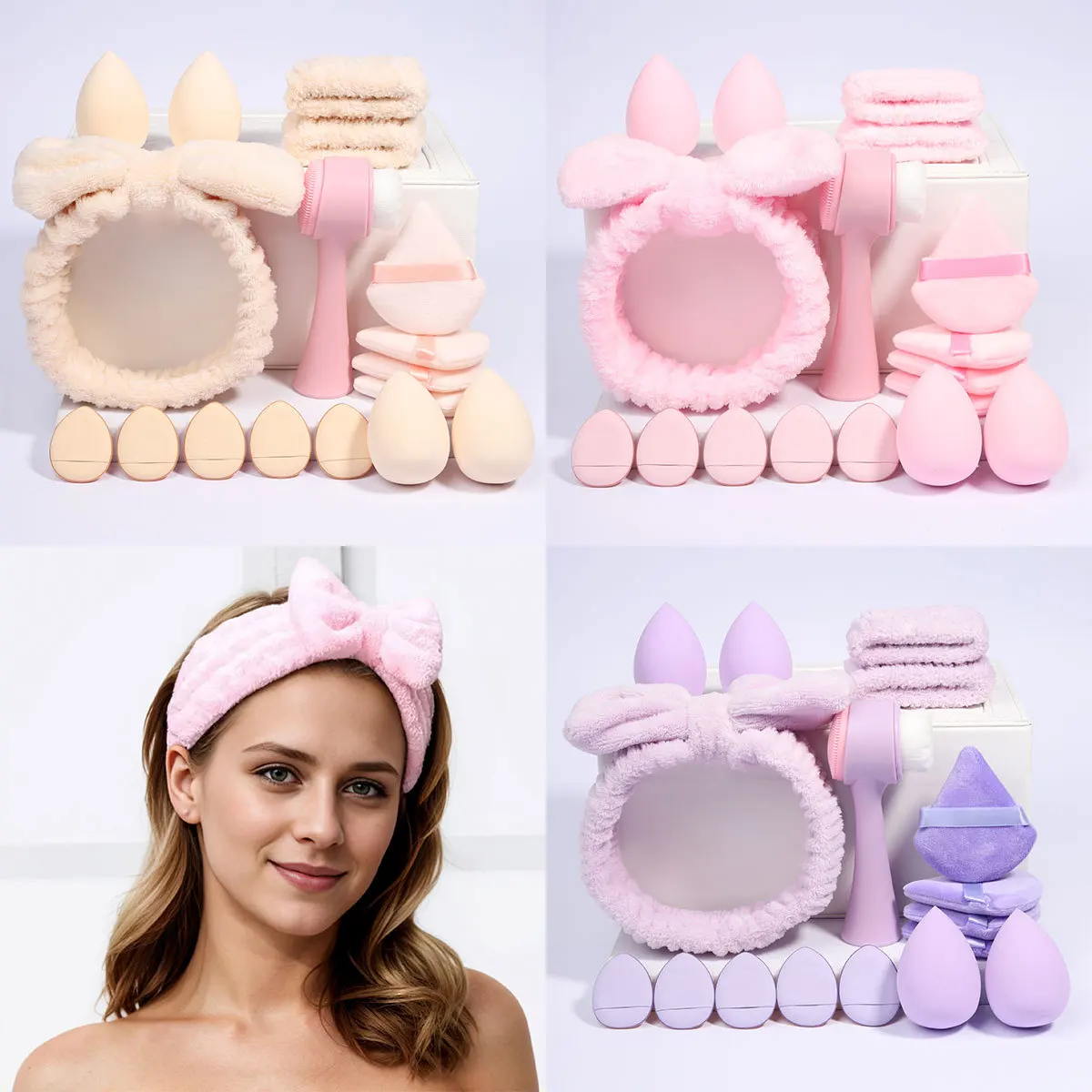 

Набор спонжей для макияжа из 17/23/27/29 предметов, многоцветный набор косметических спонжей с повязкой на голову, пудровыми мочалками, чистящим спонжем и браслетами на запястье