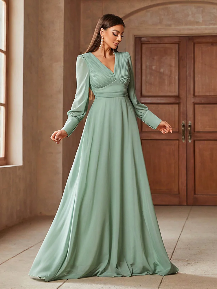 TOLEEN 2024 New Summer Luxury Elegant Party Evening Clothing Women\'s V-Neck Solid Color Elegant Banquet Match Long Sleeve Dress