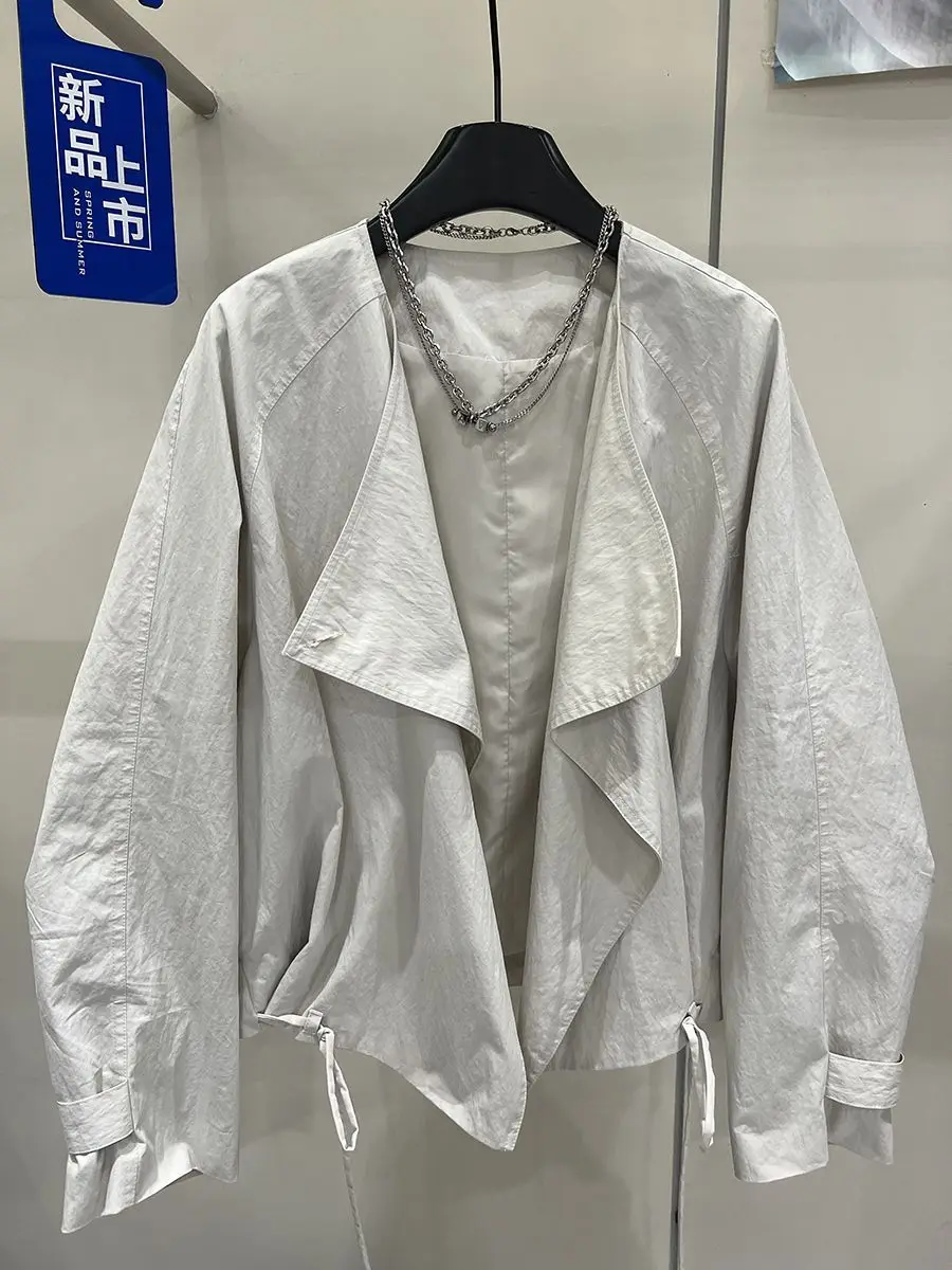 Women Collar Shirt Long Sleeve Open Cardigan Short Thin  Spring Autumn New Light Brown Windbreaker Coat Top